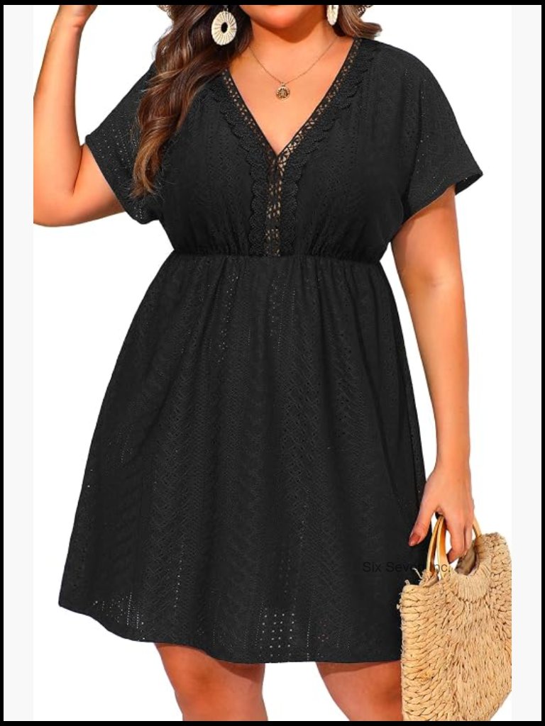 Plus Size Hollow Out V-Neck Beach Cover Up - Short Sleeve A-Line Dress